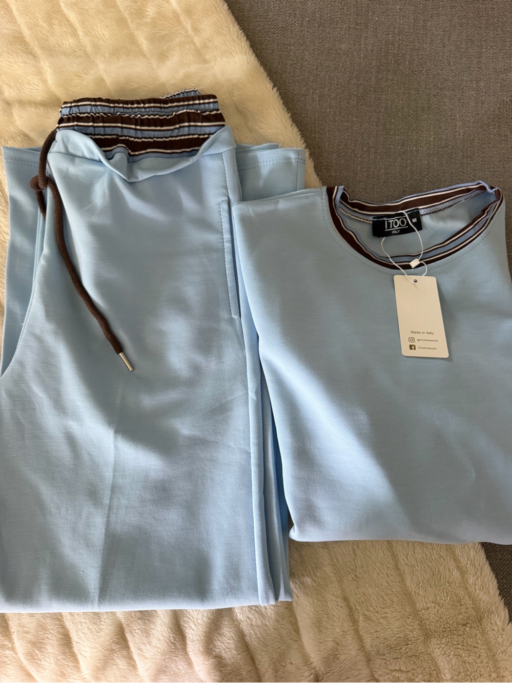 ITO Italy Light Blue Long Sleeve Pant Set with Brown & White Trim